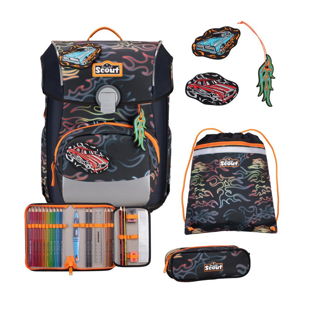 Scout Exklusiv Neo Safety Light Flames Schulranzen Set 4tlg.